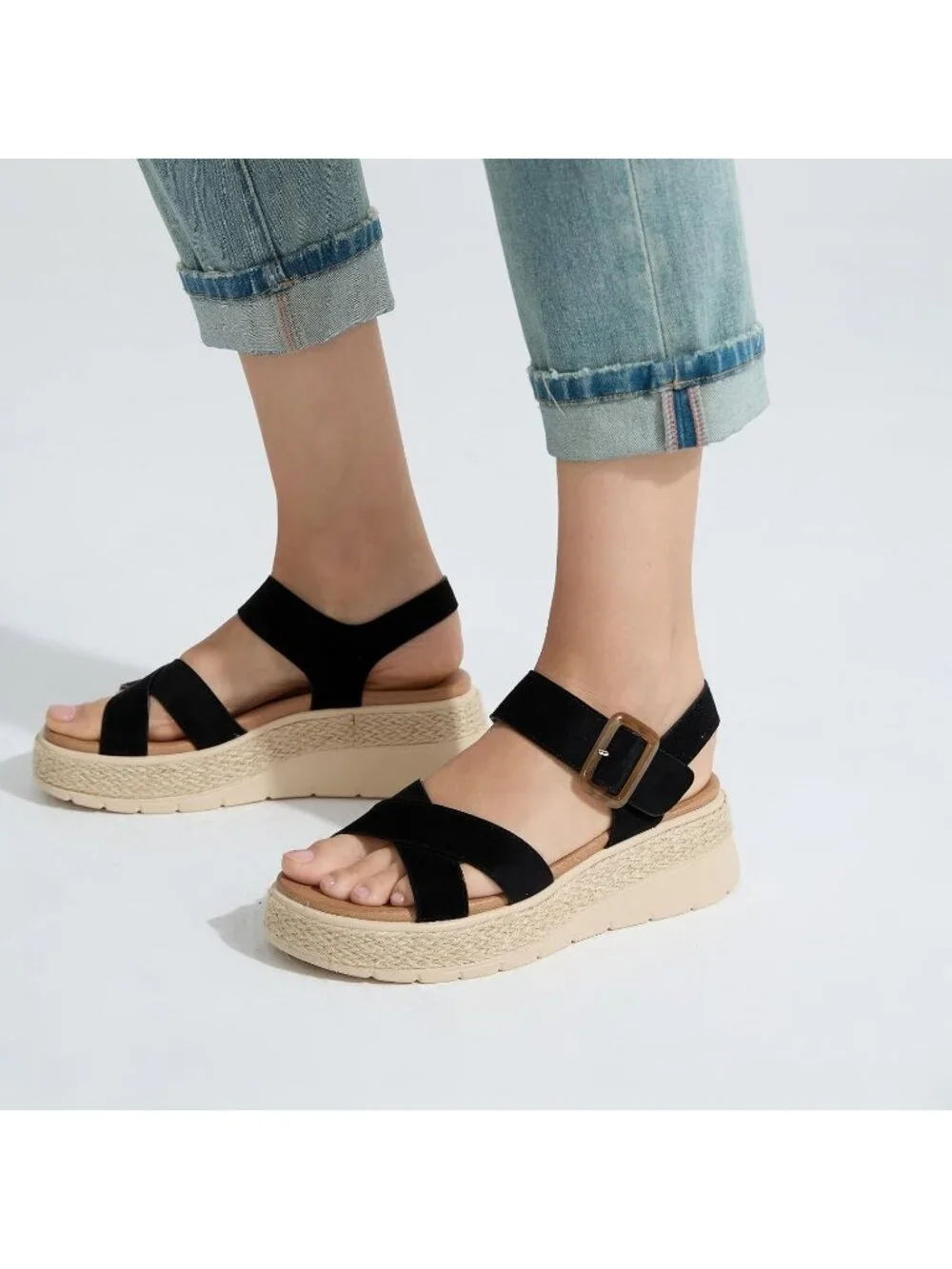 Womens Black Comfortable Solid Espadrille Low Wedge Heel Platform Sandal Shoes